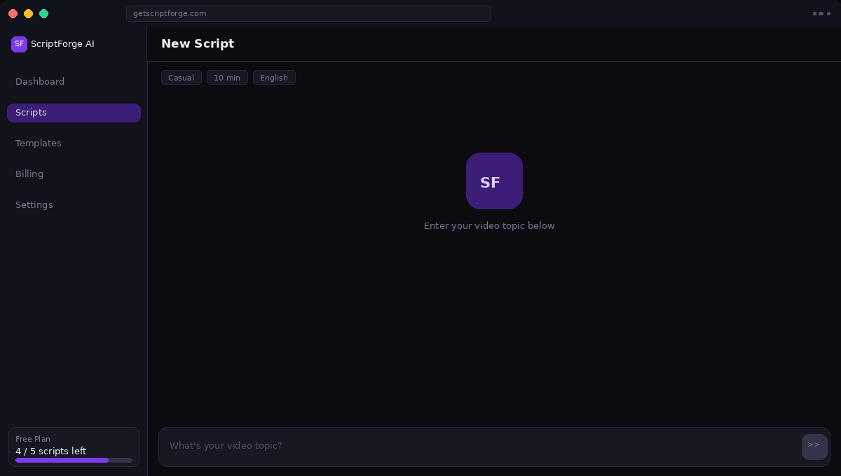 ScriptForge AI demo — type a topic and get a full script in seconds